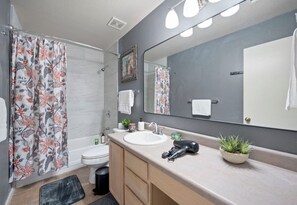 Hair dryer, towels, soap, toilet paper