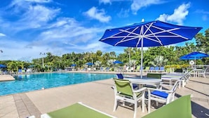 A poolside area with lounge chairs and umbrellas, surrounded by palm trees.
