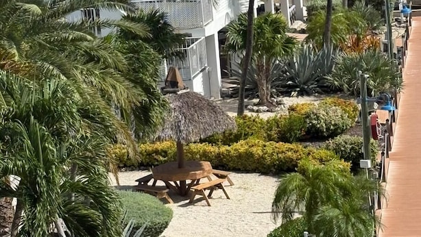 A resort with a blue-roofed building, palm trees, and a sandy beach area.