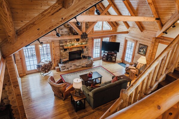 Smart TV, fireplace, books, video library