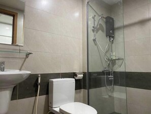 Hair dryer, towels, toilet paper