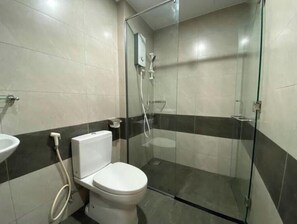 Hair dryer, towels, soap, toilet paper
