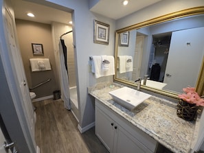 Hair dryer, towels, soap, toilet paper