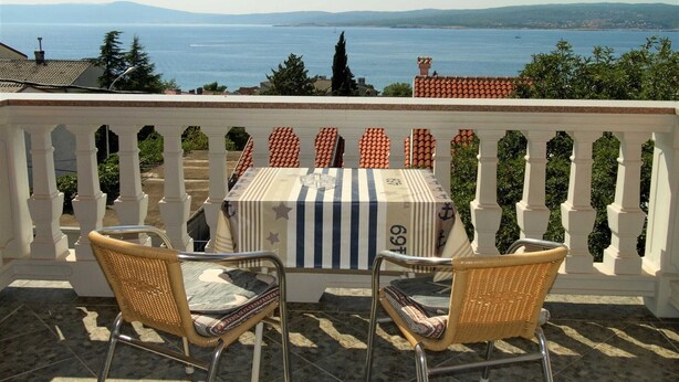 Ein Balkon mit zwei Korbstühlen und einem Tisch, der auf ein Gewässer und sanfte Hügel blickt.