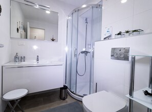 Regadera, secadora de cabello, toallas, papel de baño 