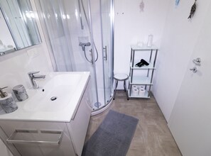 Regadera, secadora de cabello, toallas, papel de baño 
