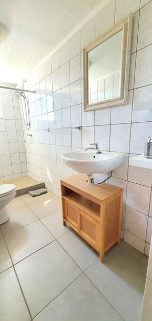 Shower, hair dryer, towels, toilet paper