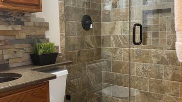 Hair dryer, towels, soap, shampoo