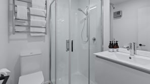 Shower, hair dryer, towels