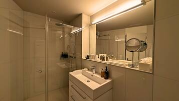 Hair dryer, towels, soap, toilet paper