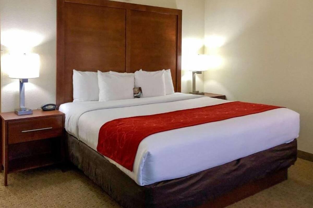Een hotelkamer met een groot bed, een houten hoofdbord, twee nachtkastjes met lampen en een rode plaid.