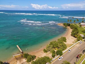 A coastal view with a beach, palm trees, and a road with parked cars.