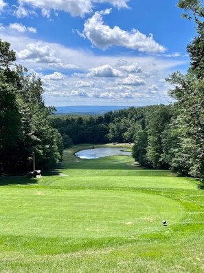 Un campo de golf con un estanque, rodeado de árboles y un cielo despejado.