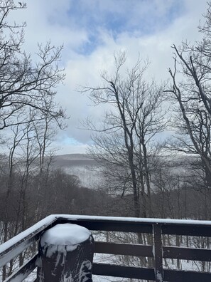 A snow-covered outdoor area with a wooden railing and bare trees.