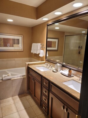 Jetted bath, hair dryer, towels, soap