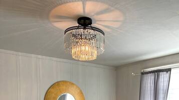 TV, fireplace, books