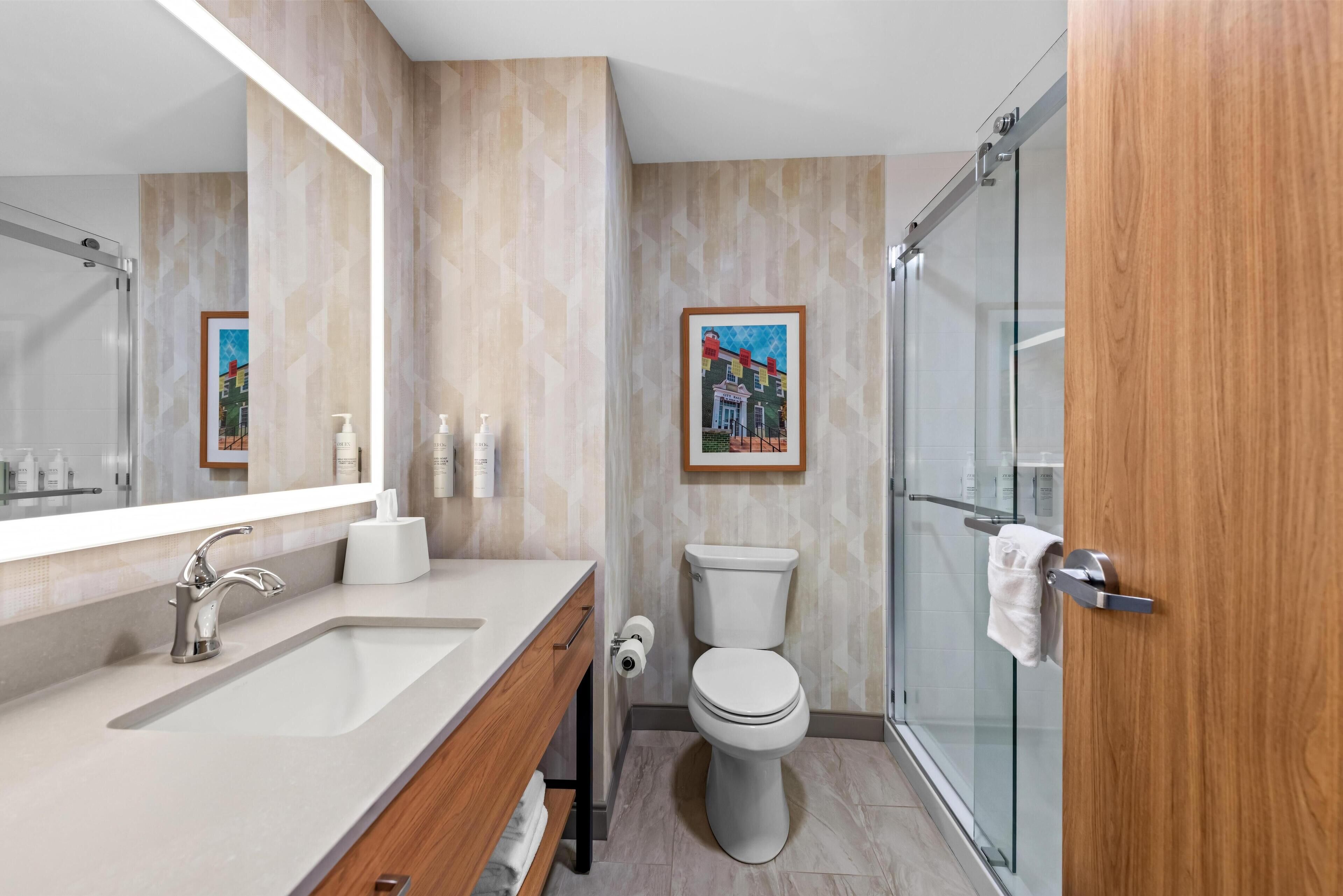 Room, 2 Queen Beds, Refrigerator | Bathroom shower