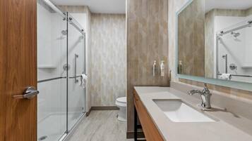 Une salle de bain moderne avec une douche à parois de verre, un lavabo blanc avec un grand miroir et des toilettes.