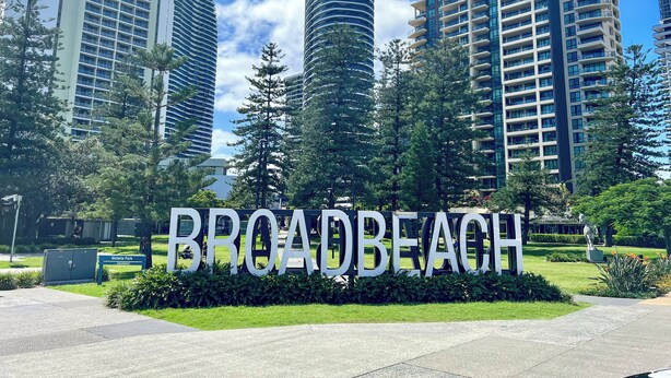 A sign for Victoria Park and Broadbeach, surrounded by modern high-rise buildings. - Perfect beach pad Oracle Tower 2 Lvl 8 Parking (Broadbeach)