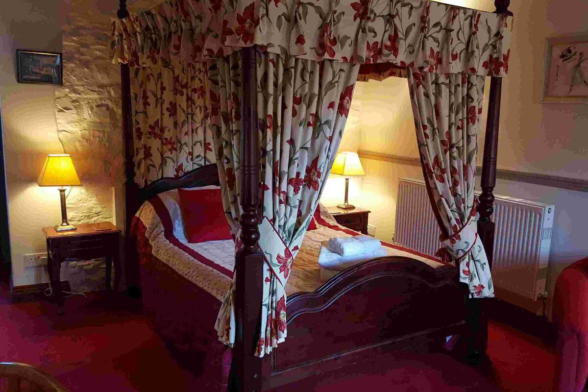 A four-poster canopy bed with floral curtains, a bedside table with a lamp, and a red armchair.