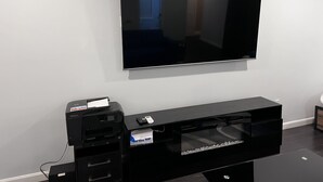 A flat-screen TV mounted on a wall above a black entertainment unit with a DVD player and a remote control. - Lucy Private Studio (Providence)