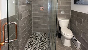 A modern bathroom with a glass shower enclosure, a toilet, and a mosaic tile floor.