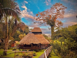 A thatched-roof structure with a wooden deck, surrounded by lush greenery and a clear sky.