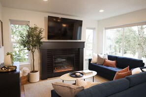 Smart TV, fireplace, books, stereo