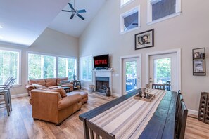 TV, fireplace, foosball, books