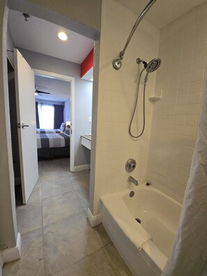 Hair dryer, towels, soap, shampoo