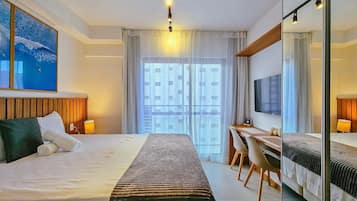 1 bedroom, laptop workspace, blackout curtains, iron/ironing board