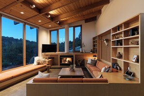 TV connectée, cheminée, livres