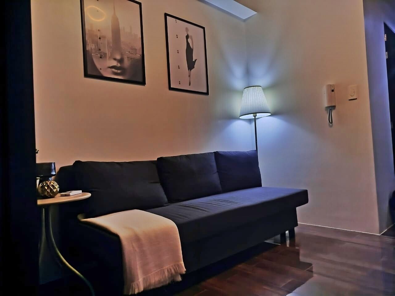 A modern living room with a dark-colored sofa, a small side table, a floor lamp, and two framed artworks on the wall.