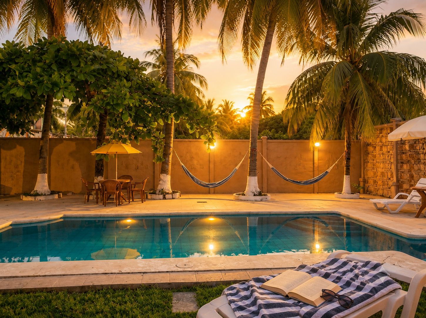 Piscina com espreguiçadeiras e uma mesa, cercada por palmeiras e um pôr do sol.