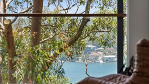 A view through a window with a tree in the foreground, a body of water, and buildings in the background. - Sunlight Ridge House (Fishing Point)