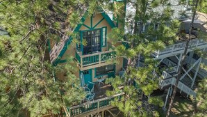 A multi-story building with a green and beige color scheme, surrounded by trees.