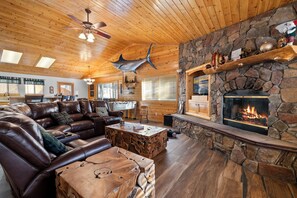 Smart TV, fireplace, foosball