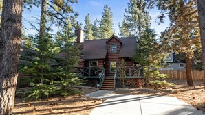 A log cabin with a chimney, surrounded by pine trees.