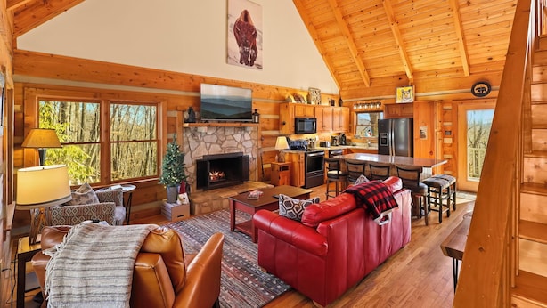 Ein geräumiges Blockhaus-Interieur mit Kamin aus Stein, einer Ledersofa und einem Essbereich, sowie einer Küche.