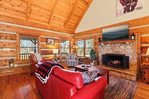 Smart TV, fireplace, books