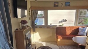 A cozy living room with a fireplace, a sofa, and a television. - 3 Bed Caravan - Sleeps 6 - Pets - Parking - Wifi (Borth)