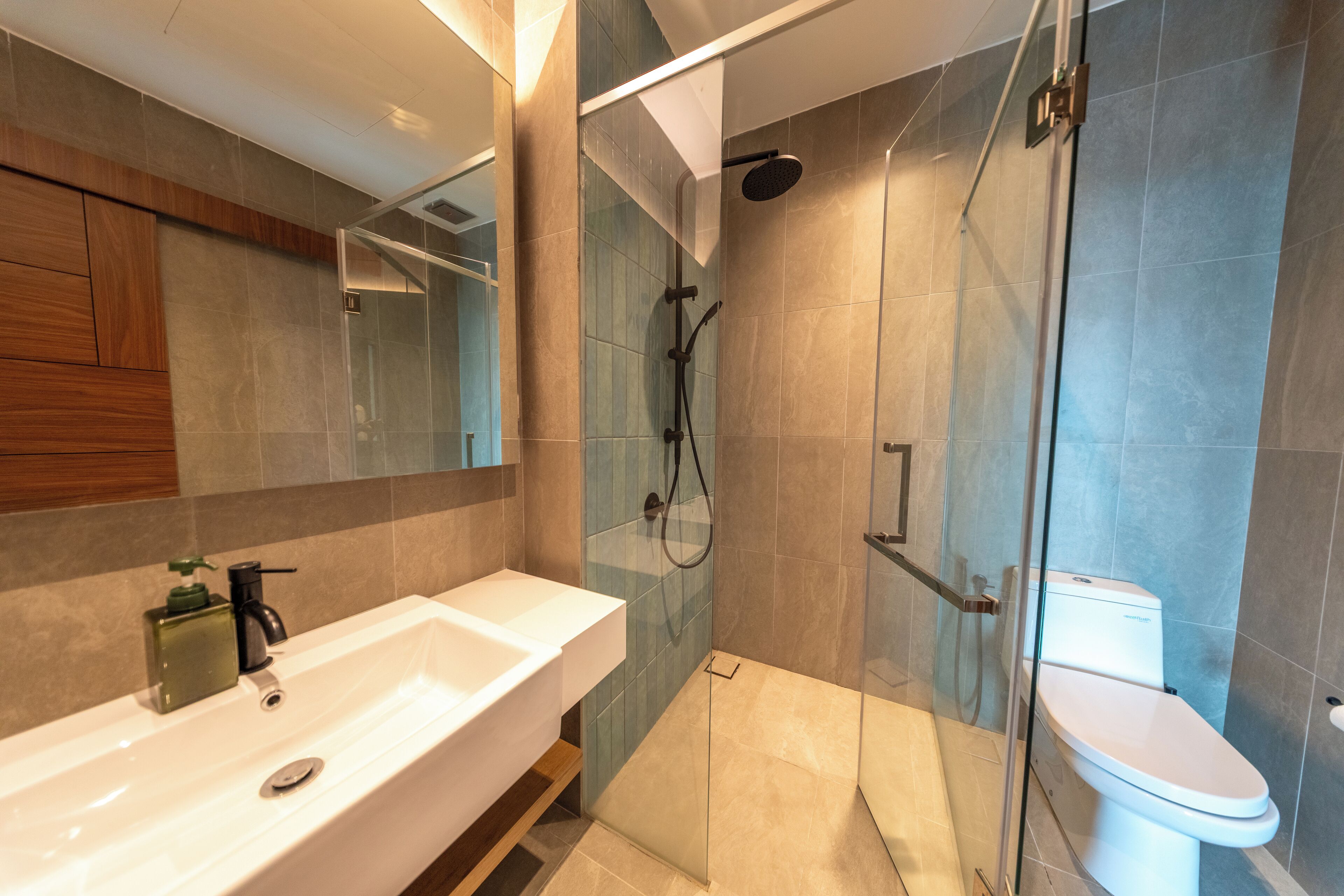 A modern bathroom with a large white sink, a glass shower enclosure, and a toilet.