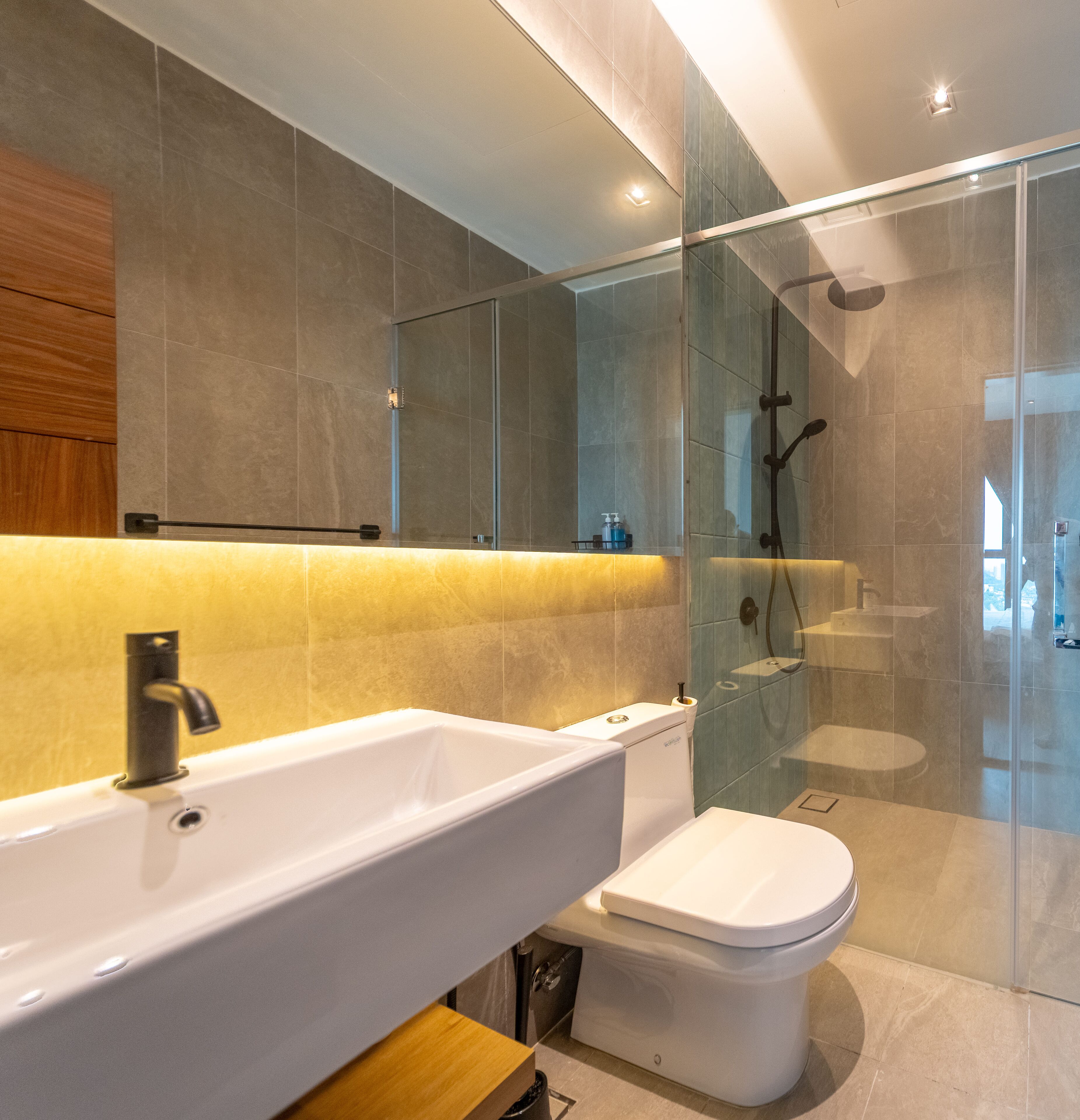 A modern bathroom with a large white sink, a toilet, and a glass-enclosed shower area.