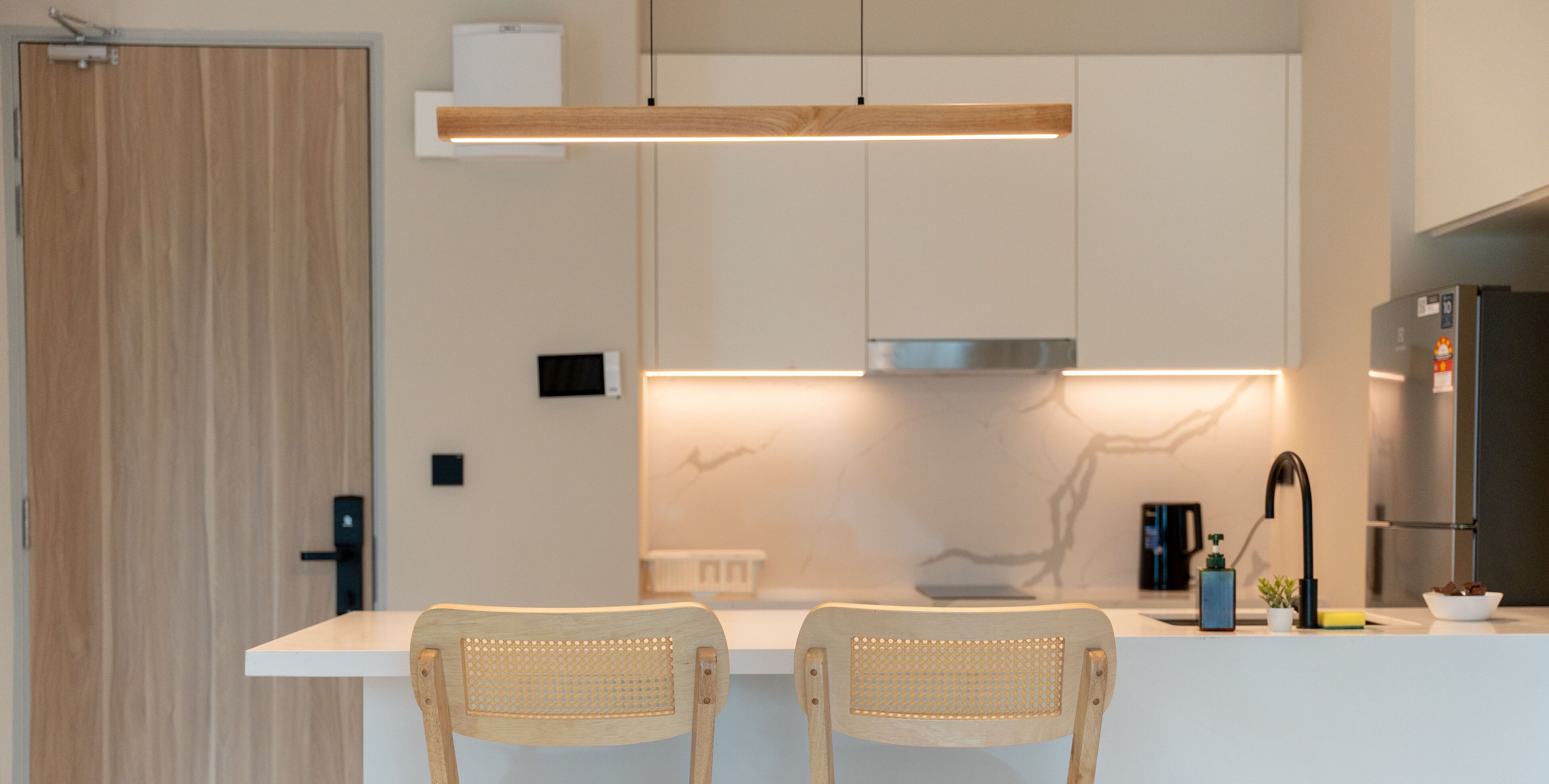 Fridge, stovetop, electric kettle