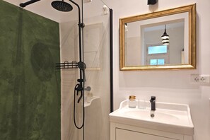 Shower, hair dryer, towels