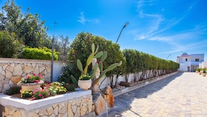 Un chemin pavé, bordé de haies soigneusement taillées et de plantes en pot, mène à un bâtiment à la façade blanche.