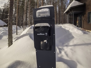 Een zwart buitenparkeerautomaat met een met sneeuw bedekte grond en bomen op de achtergrond.