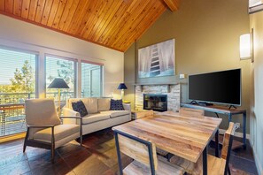 Télévision, cheminée, lecteur de DVD