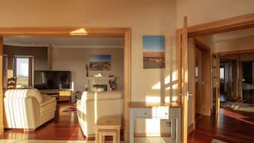 Una televisión, una chimenea, un reproductor de DVD