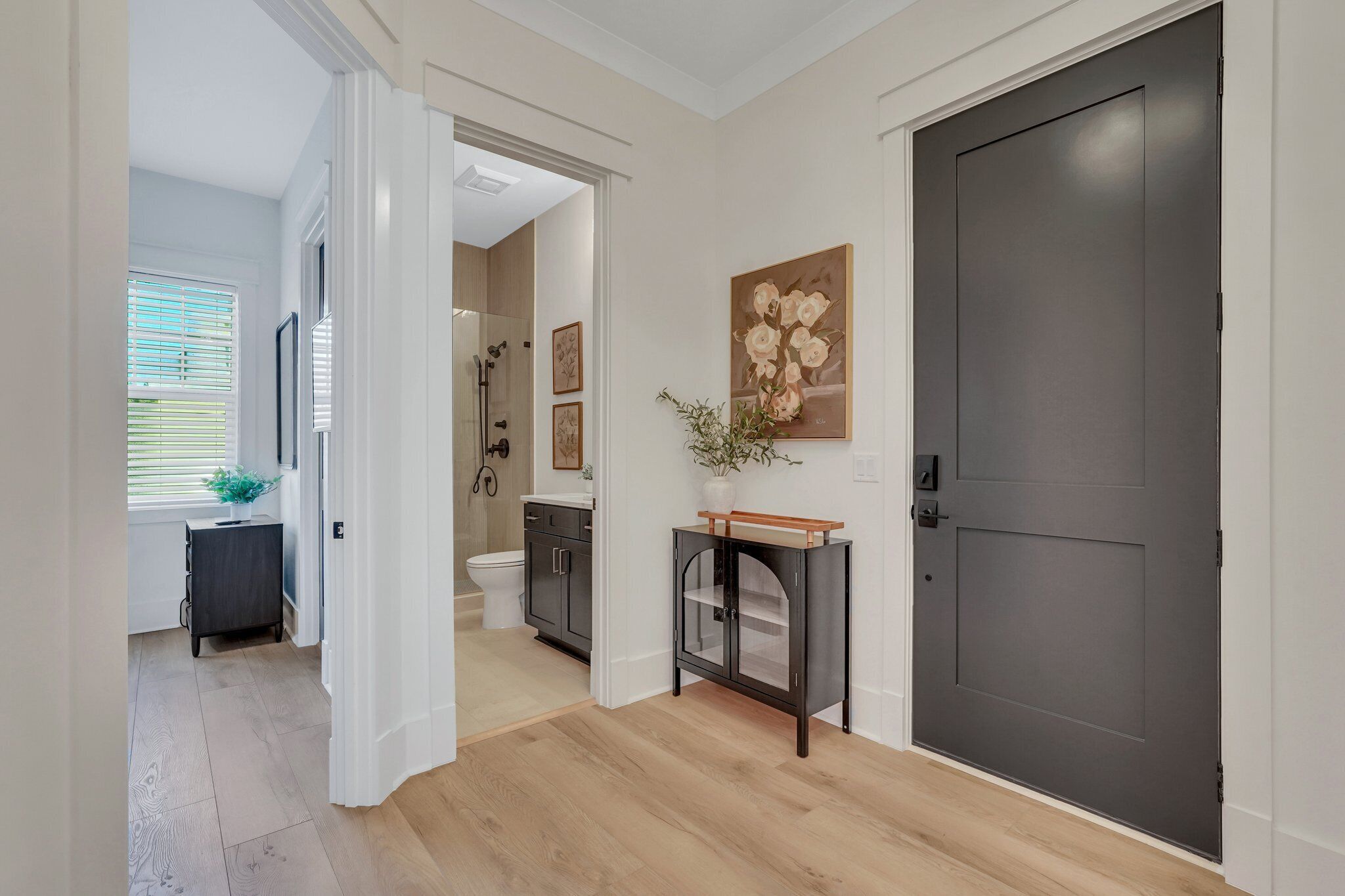 Un couloir avec une porte sombre, une petite console sur laquelle est posée une plante, et un tableau accroché au mur.